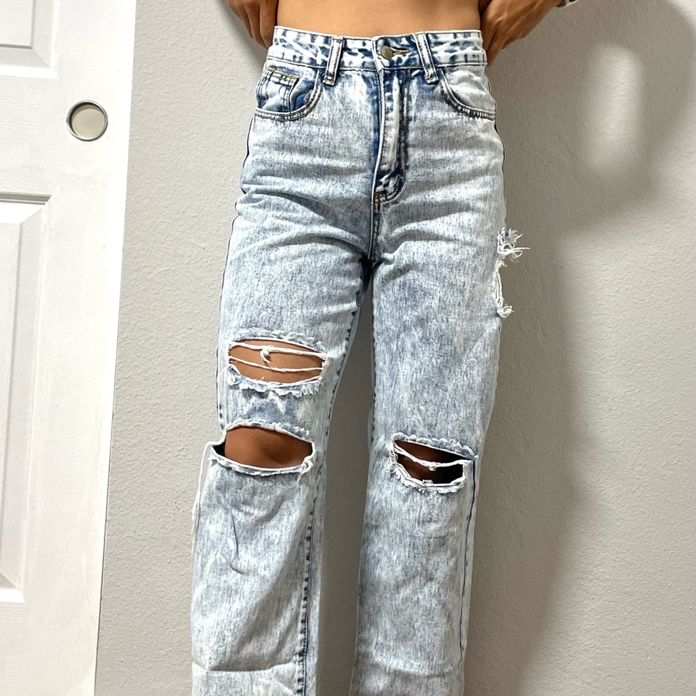 SHEIN Wide Leg Distressed Ripped Jeans.